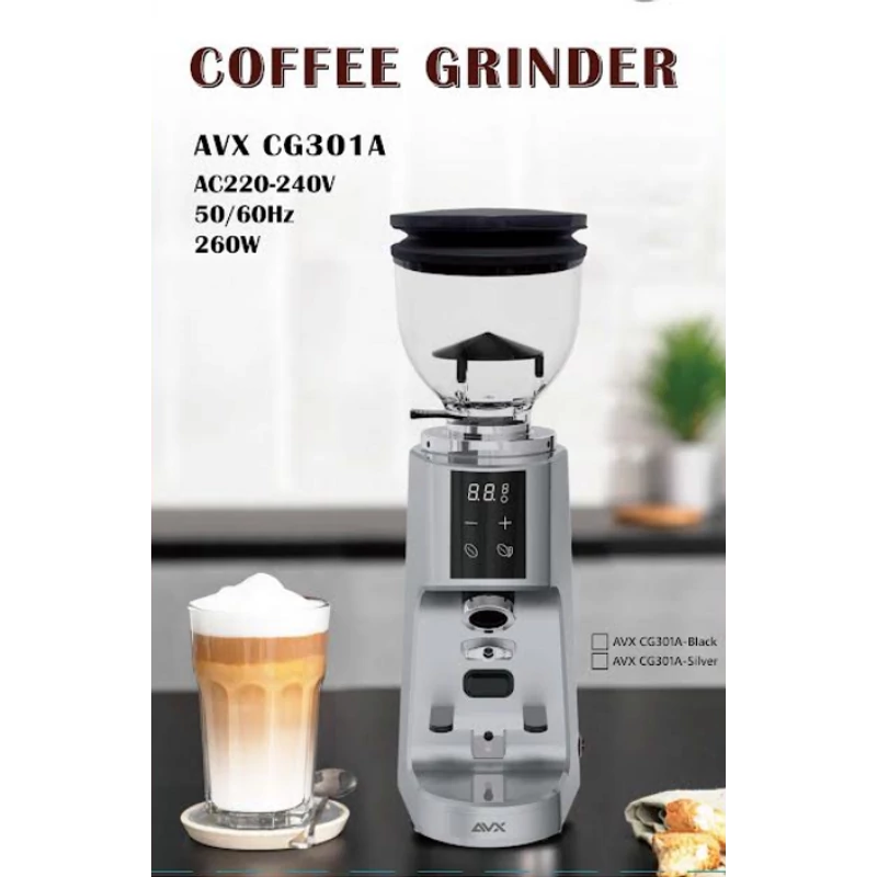 AVX CG301 64mm síktárcsás kávéőrlő pumpás babtartállyal ezüst